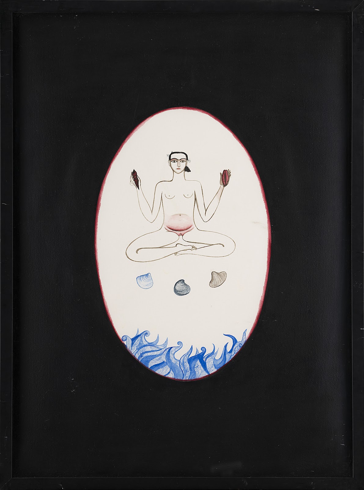 In this work, Untitled, a nude female figure floats in space and faces the viewer in a front-facing, seated posture with a conch shell in each palm. A few larger shells are also placed in the foreground between the seated figure and water motifs on the lower half of the oval frame.