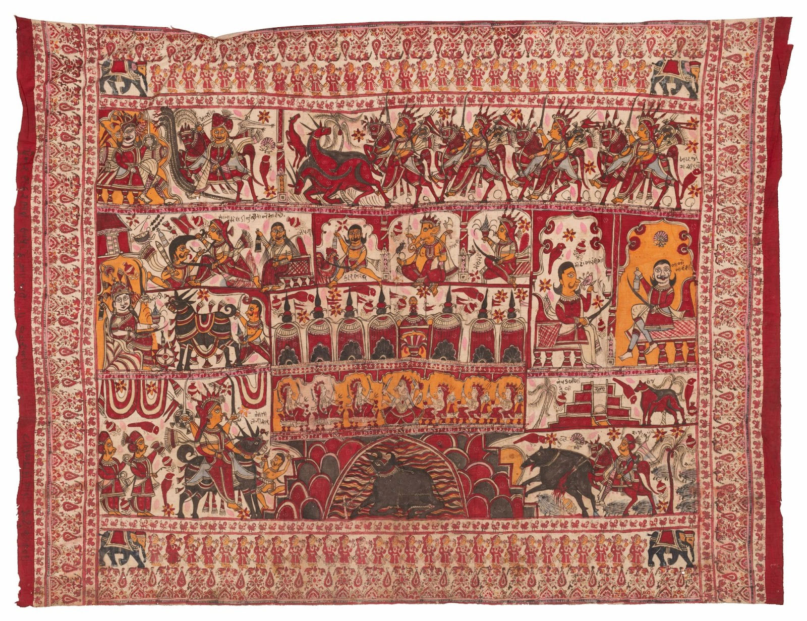 This Chandarvo shows seven goddesses with seven shrines above them with a severed head spiked through the middle shrine’s blade. There are several such scenes across this travelling shrine showing slaughter, sacrifice and much indulgence.