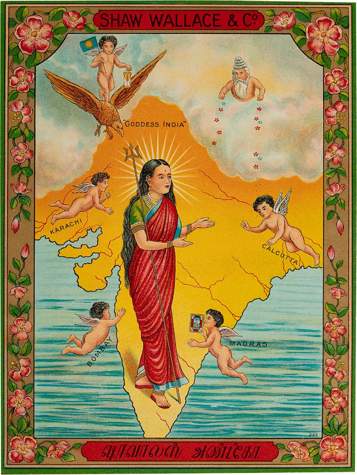 This vertical rectangular chromolithograph is from the trading company Shaw Wallace & Co., in India. “Goddess India” draped in a sari holds a trishul. Her arms are stretched out, open and inviting towards an angel on the right, overseeing Calcutta. Each of the major Indian ports is overseen by an angel.