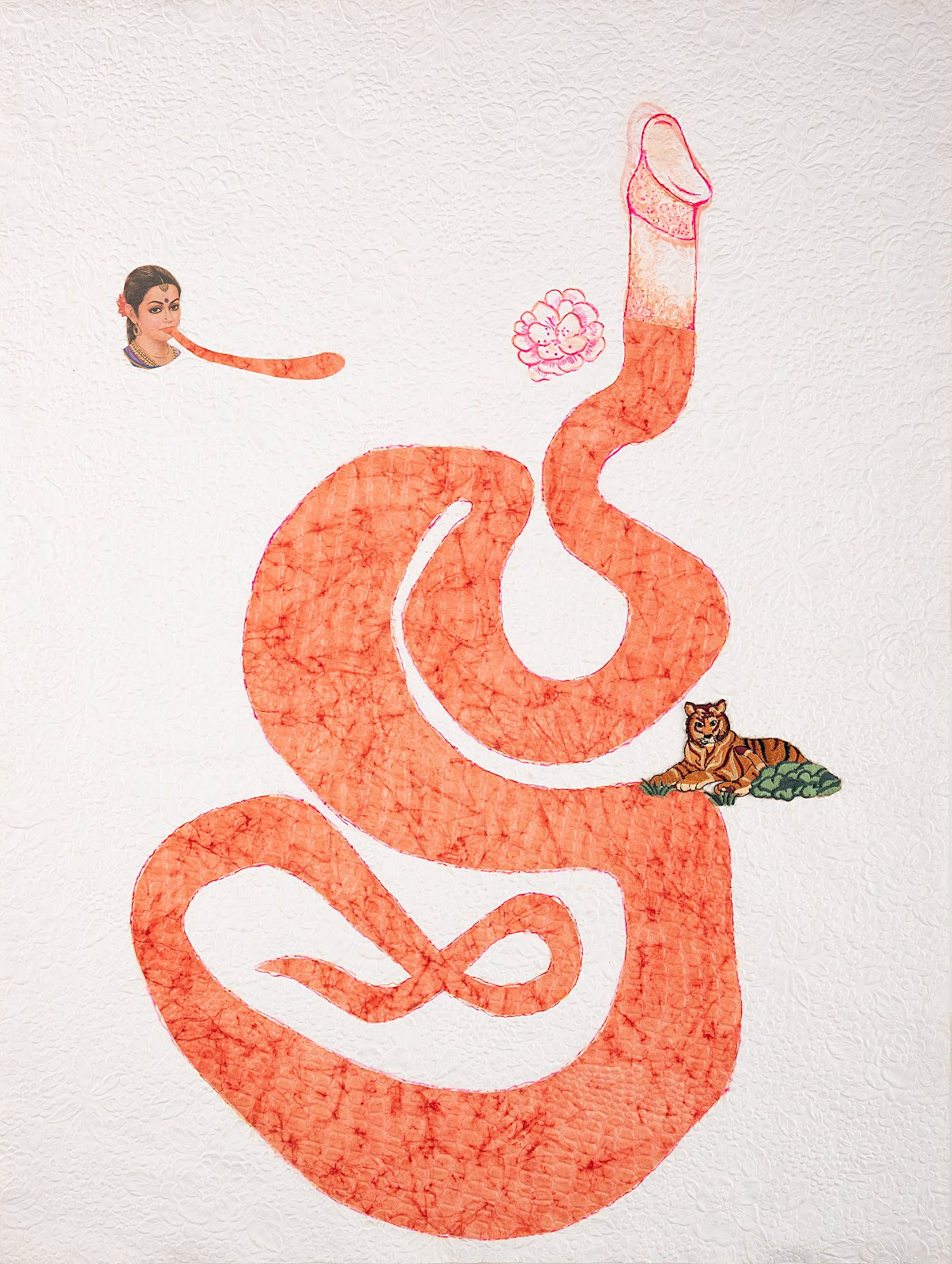 An orange toned snake or intestine-like creature with a phallic shape facing upward lies in the centre of the frame on a white texture paper. There is a smaller element of a woman on the top left side with a snakelike tongue reaching out to the phallic shape.