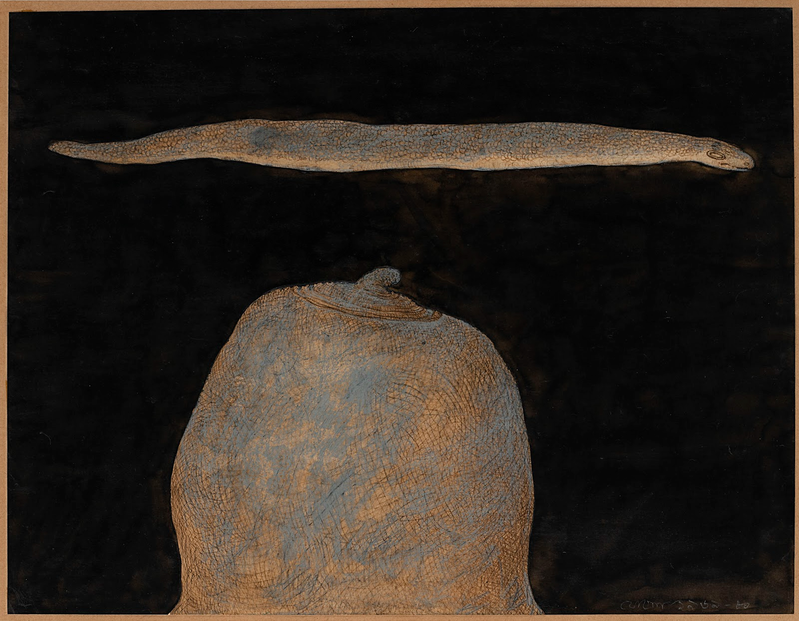 There is a textured snake on the top of the horizontal painting. There is a breast like fruit under the snake against a black background.