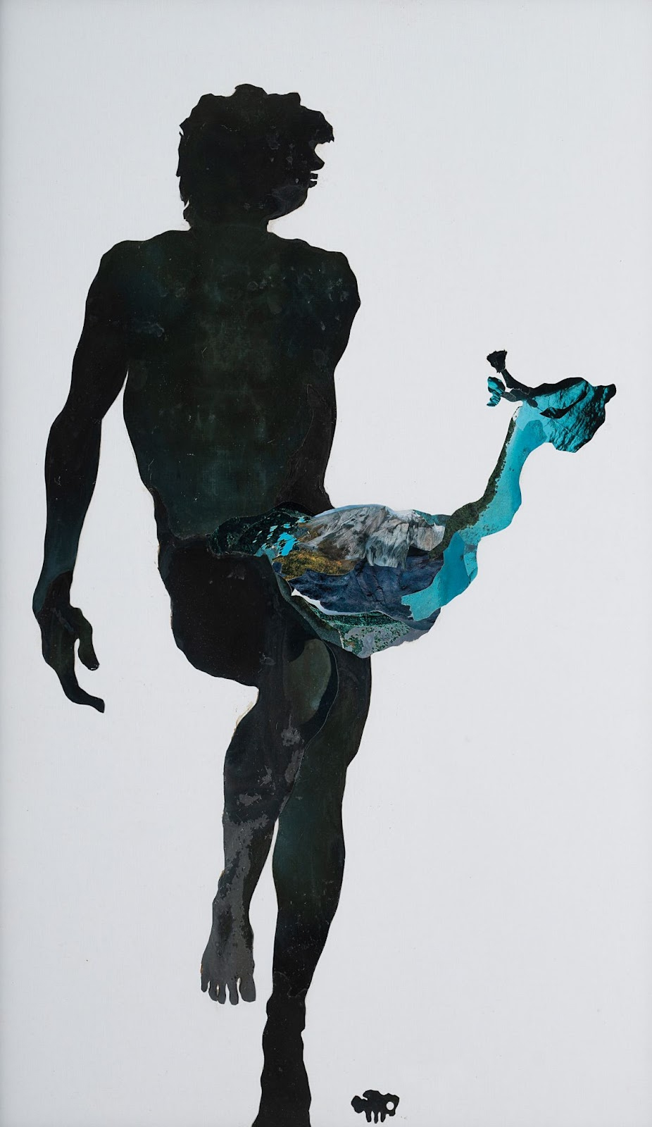 A black silhouetted figure facing sideways is collaged against a white board. The figure could be male indicated by a peacock replacing the male genitalia.