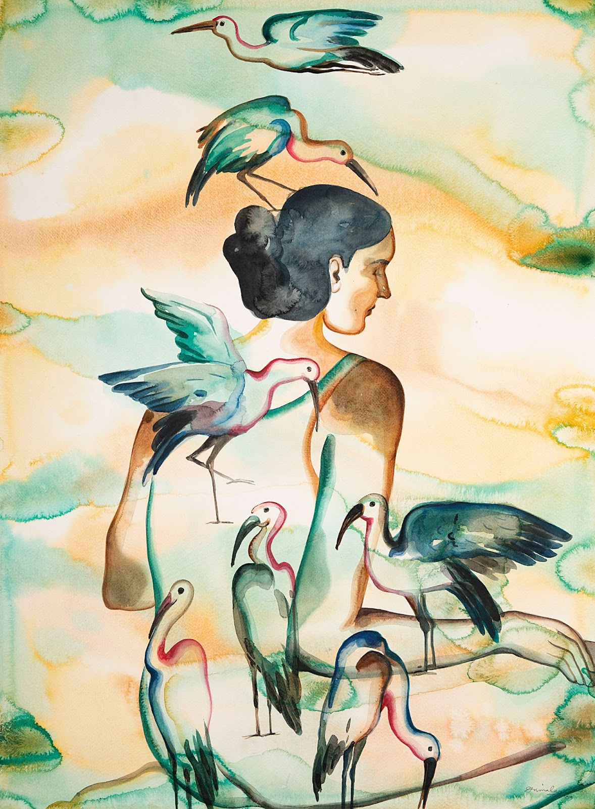 A female figure is in the centre of the frame with cranes resting and flying around her. The water colour painting is in tones of green and orange.
