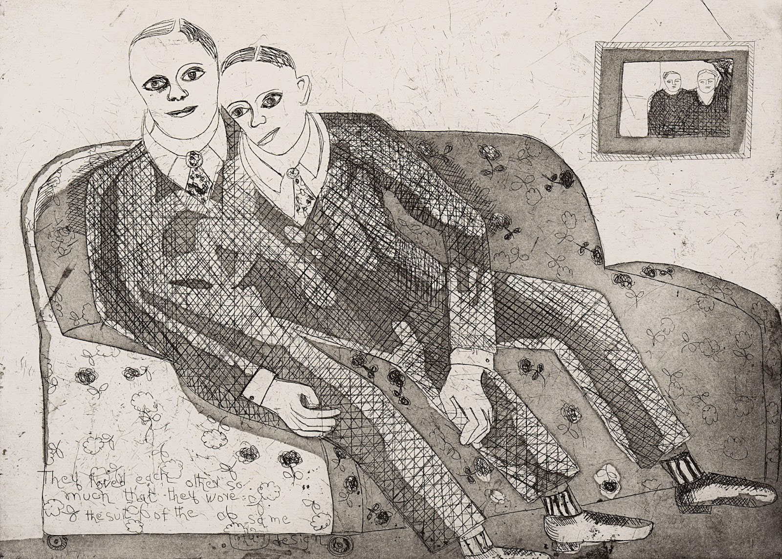 An etching of two men sitting next to each other. They are dressed in similar suits and their sameness is further emphasised by the portrait of the two of them on the wall behind.