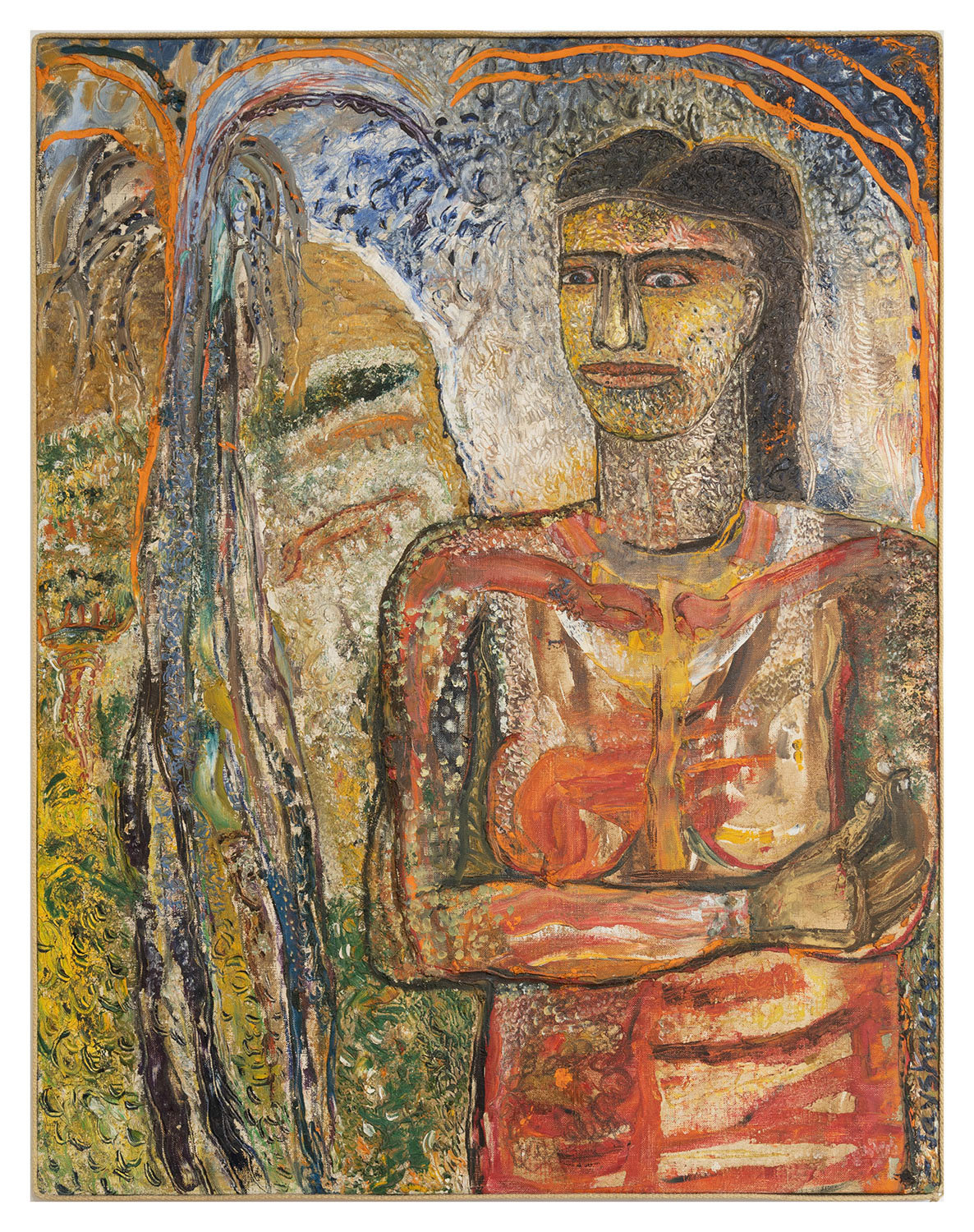 In this work, these nature motifs coexist with the torso of a female form in the foreground, standing with her arms crossed. Seemingly nude, her bones and flesh are painted in thick layers of red, giving a vibrant sense of life to the figure.