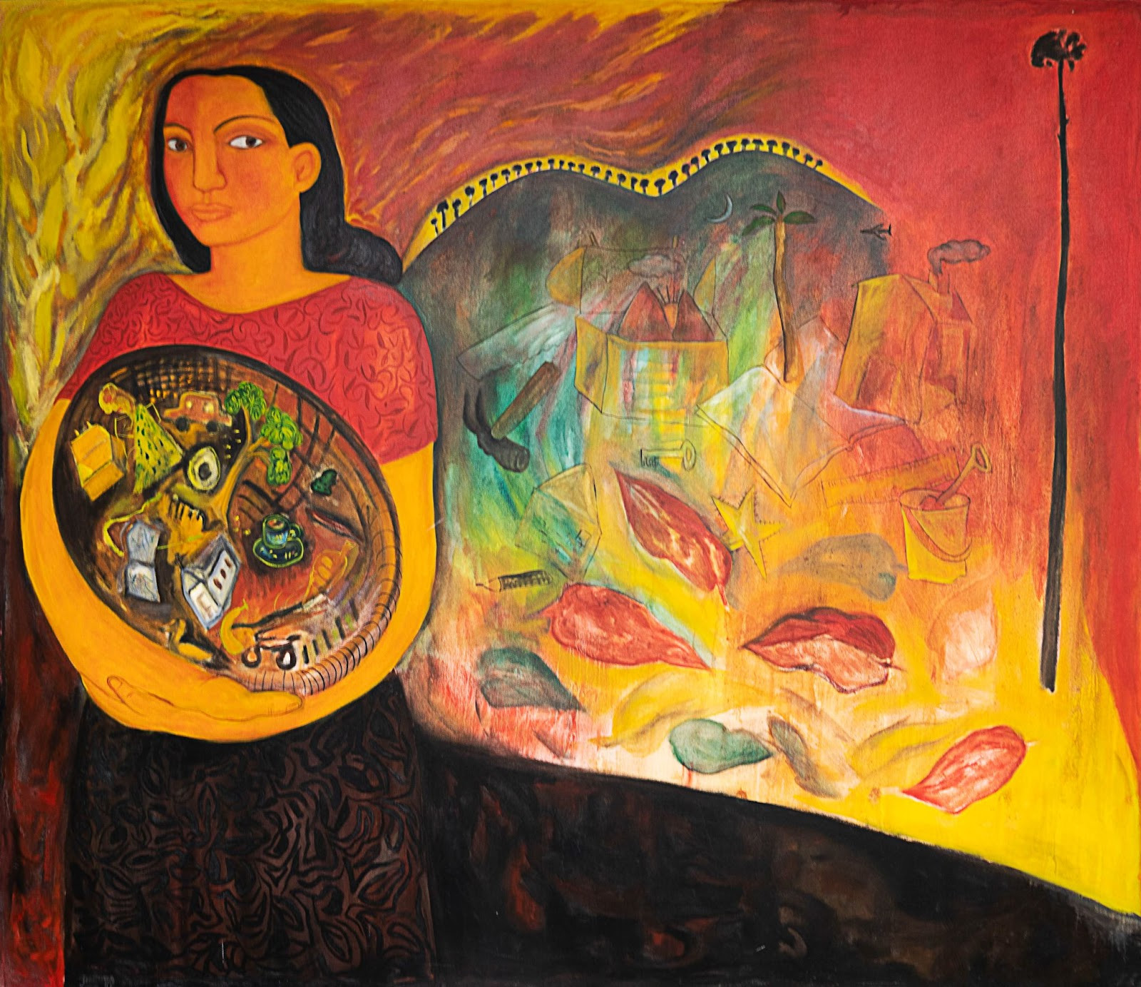 The front-gazing female protagonist draws the viewer’s attention to the basket she is holding, which contains miniature models of a tree, buildings, a house, a car and other urban markers. The backdrop of a flowing horizon of trees and floating large leaf motifs.