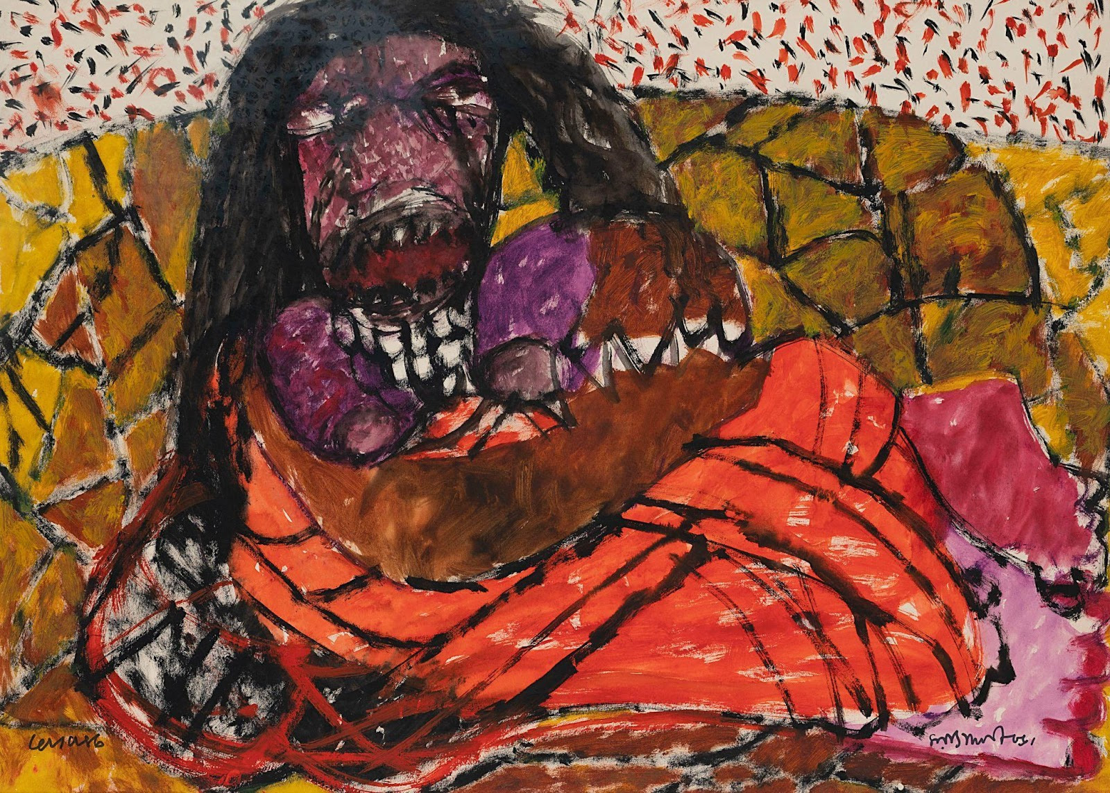 This work abstracts the female form. The centrally placed figure has a gaping mouth and sharp teeth. She has black open hair and a distorted face with shifty eyes.