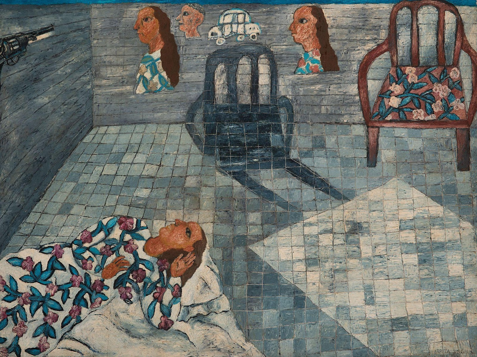 A woman reclines on the floor while looking up at the sky. The artist has inscribed the women’s clothes and upholstery with floral patterns and there is a gun on the top left side of the wall.