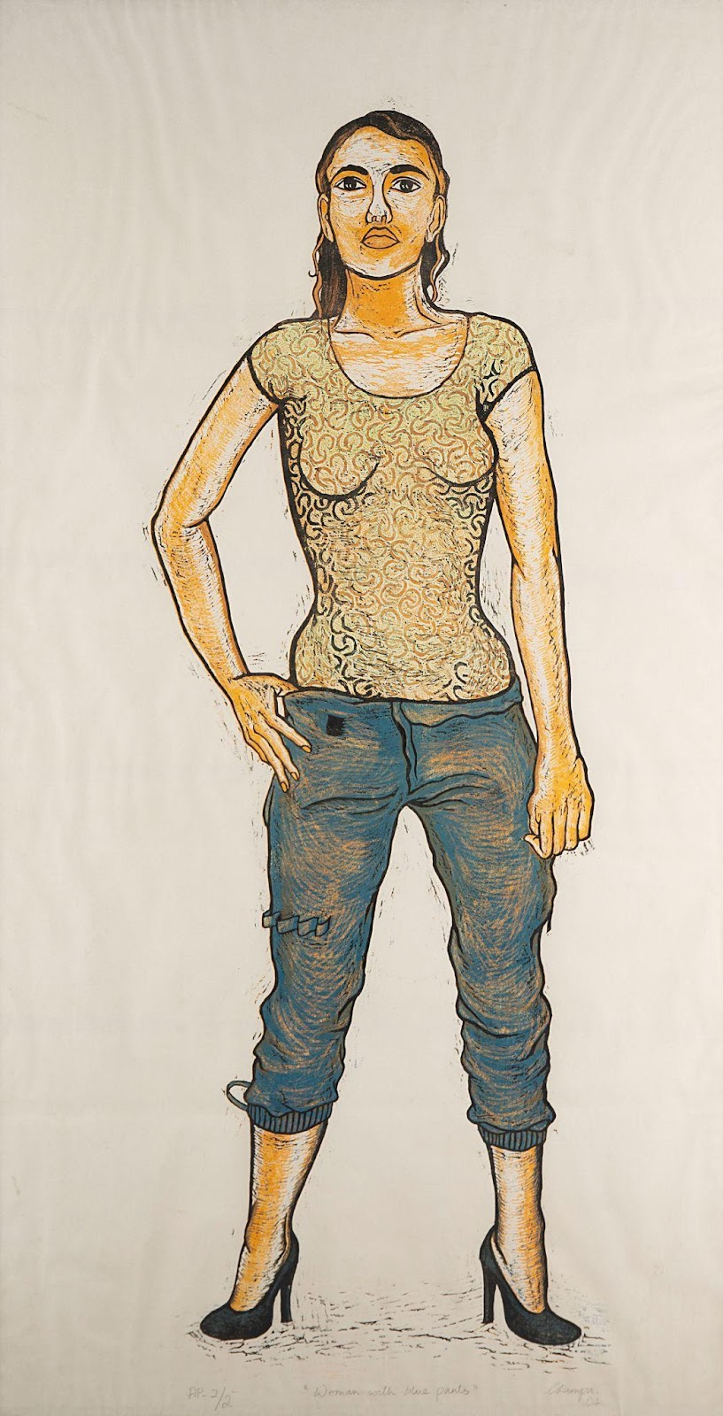 This colour print shows a woman in a well-fitting t-shirt, low-waist jeans gathered at the calves and a pair of black stilettos. The woman stands tall with ease and a sense of confidence, which we can read from her pose.