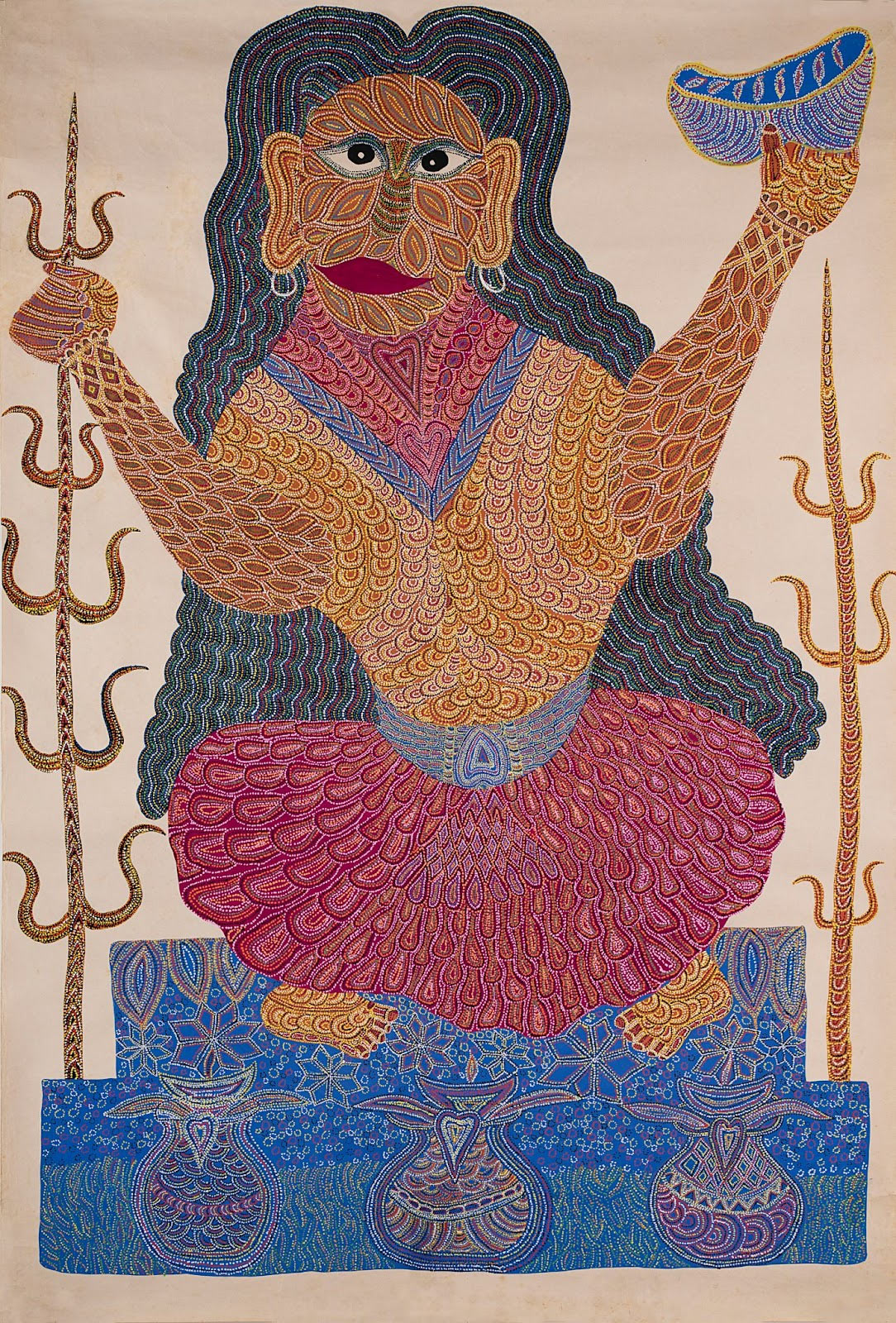 Painting of a goddess with open hair in the Gond style with dots and lines. One hand holds a trident while the other hand holds a bowl.